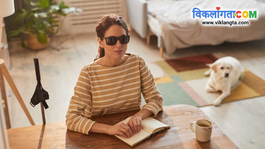 a blind woman reading a braille book sitting on a chair in a drawing room.