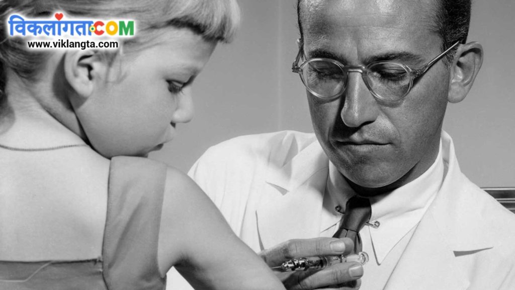 photograph of dr. jonas salk injecting polio vaccine in a girl child's arm.