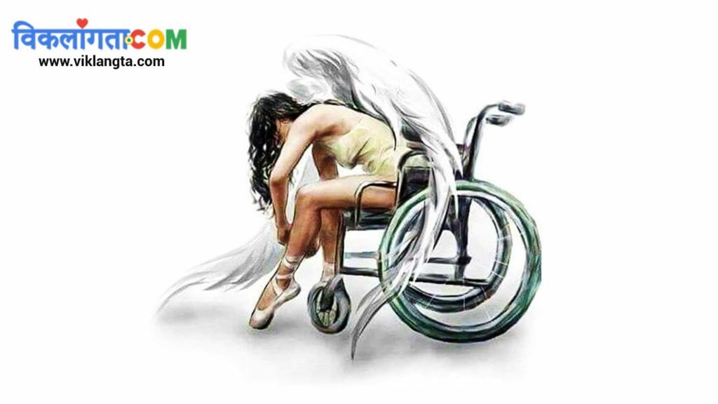 image of a girl with angel like wings sitting on a wheelchair while tying her ballerina shoes.