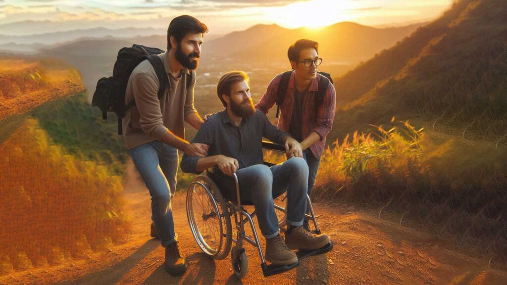 friends helping a wheelchair user enjoying view in the hills