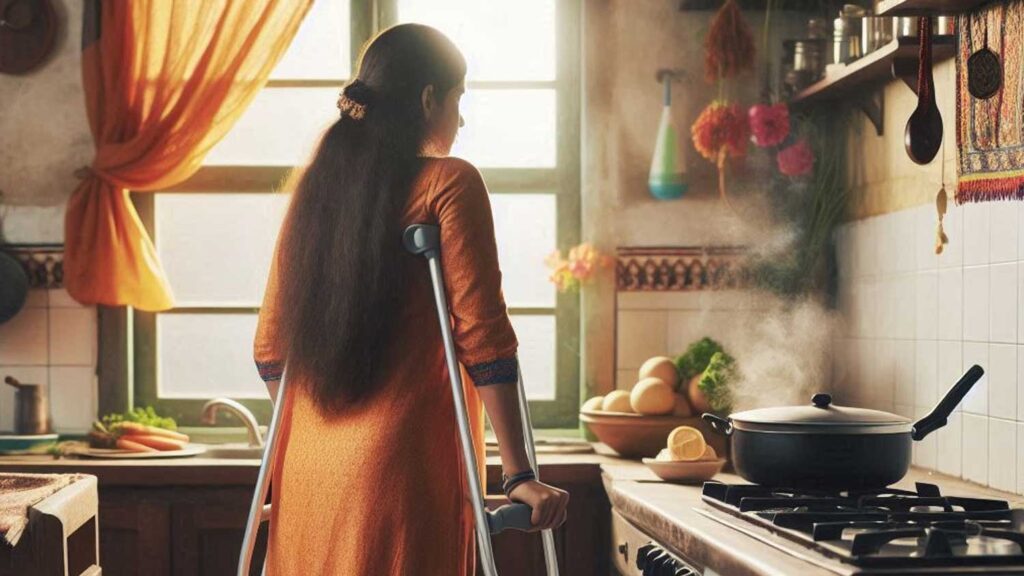 woman on crutches in her kitchen