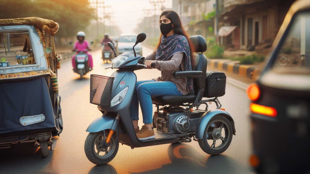 woman riding modified scooty on Indian road