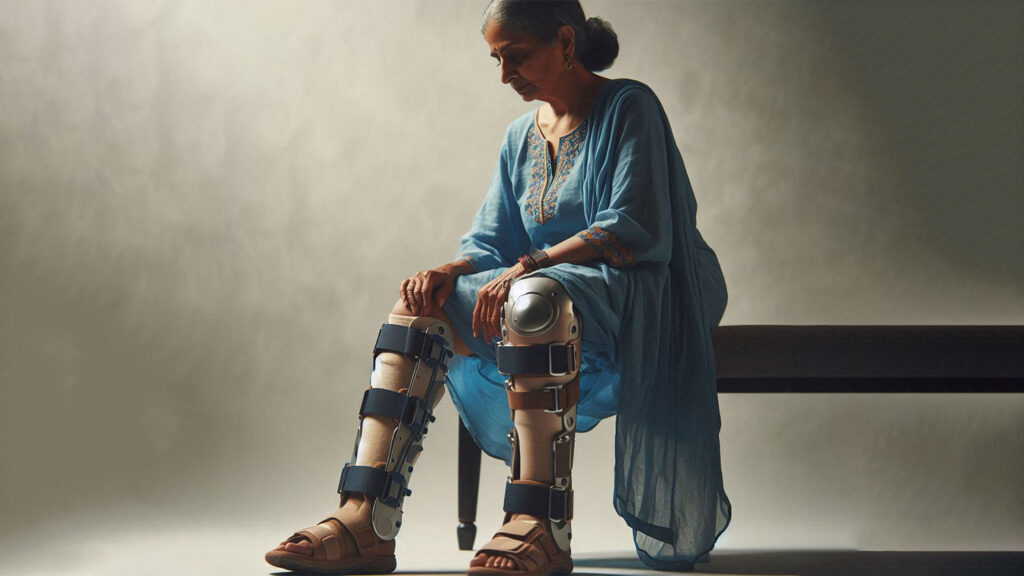 A woman wearing leg braces on both legs and sitting on a bench