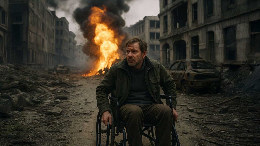 a wheelchair user in war zone
